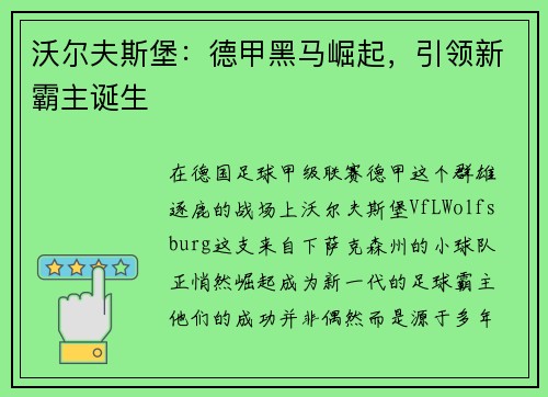 沃尔夫斯堡：德甲黑马崛起，引领新霸主诞生